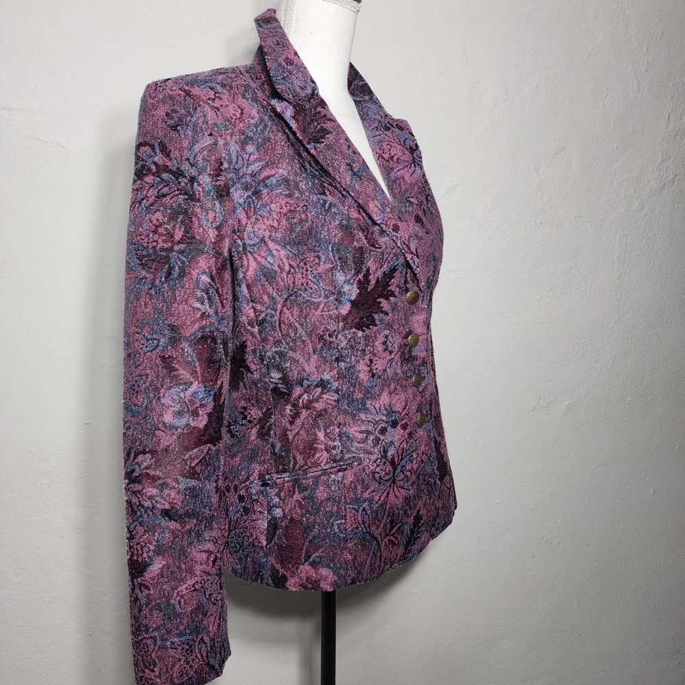 Liz‎ Claiborne Blazer 14 Purple Floral Tapestry Brass Button Vintage Jacket - Picture 2 of 9